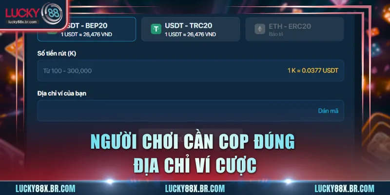 Người chơi cần cop đúng địa chỉ ví cược